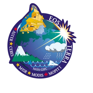 Circular logo with Terra instrument names around edge and Earth elements in the center.