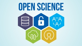 Open Science words over five hexagons with icons showing elements of open science.