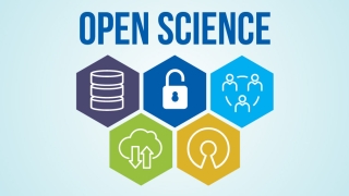 Open Science banner Open Science words over five hexagons with icons showing elements of open science.
