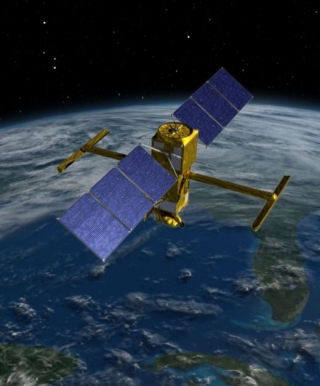 Artist's conception of SWOT satellite with its a Ka-band Radar Interferometer (known as KaRIN) extended