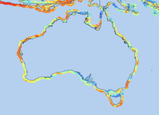 Map of Australia with colored area outlining the country in colors ranging from red to blue.