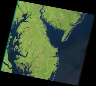 High resolution image of Chesapeake Bay showing green land and blue water