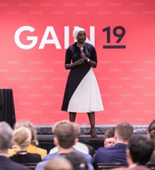 Dr. Fadji Z. Maina, Associate Research Scientist, Hydrological Sciences Laboratory, NASA Goddard Space Flight Center and the University of Maryland–Baltimore County, speaking at the German Academic International Network (GAIN) annual conference in 2019 in San Francisco, California. Credit: GAIN.
