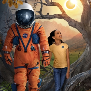 An illustration of an astronaut wearing an orange suit and white helmet walking and holding the hand of a young girl wearing a yellow NASA t-shirt and blue jeans. The background of the image shows a tree, glowing sun, green grassy fields, and mountains.