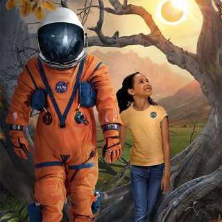 An illustration of an astronaut wearing an orange suit and white helmet walking and holding the hand of a young girl wearing a yellow NASA t-shirt and blue jeans. The background of the image shows a tree, glowing sun, green grassy fields, and mountains.