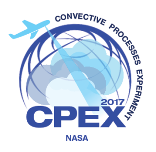 This logo for the Convective Processes Experiment (CPEX), which took place in 2017, features light blue plane flying over a dark blue globe containing white, gray, and blue clouds. The plane is emitting a beam, meant to symbolize a sensor taking a measurement of the clouds below.