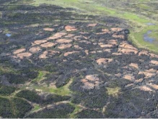 This image from 2008 provides an aerial view of burned and unburned areas in the region of the Anaktuvuk River tundra fire on the Arctic Slope of Alaska. The post-fire landscape is a mosaic or green, brown, and tan areas that correspond to the vegetation, or lack thereof, on the landscape.