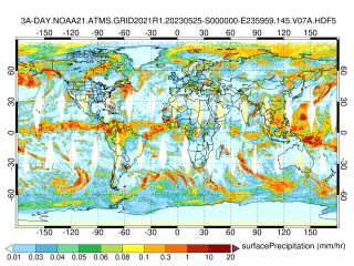 This map of the world shows data on precipitation in millimeters per hour from the Advances Technology Microwave Sounder instrument aboard the NOAA-21 satellite. Brighter colors (red and yellows) correspond to higher amounts of precipitation. 