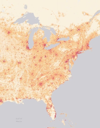 This visualization of SEDAC's Gridded Population of the World (GPW) dataset shows the eastern half of the United States. The white U.S. basemap features orange and red areas which correspond to areas of human settlement. Red areas, which correspond to populated urban centers (New York, Chicago, Philadelphia, Atlanta, etc., have greater population counts than orange areas, which reflect more rural populations.