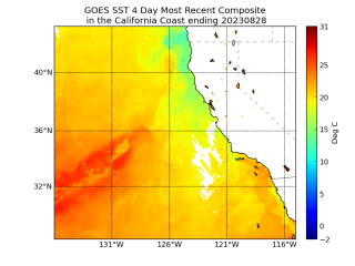 This image shows four-day composite sea surface temperature data from NOAA’s GOES West satellite ending August 28, 2023. The color bar on the right shows temperatures in degrees Celsius, with read being the warmest (32 degrees) and blue being the coldest at -2 degrees. The colored areas on the map of the Pacific Ocean along the West COast of the United States show areas of warm sea surface temperatures between the dates of August 19 and 23, 2023. 