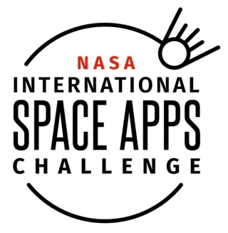 This largely black and white logo for the NASA International Space Apps Challenge has those words in a helvetica-type font, although NASA appears in red. The words are accompanied by a simple drawing of a satellite-like object in the upper-right corner.