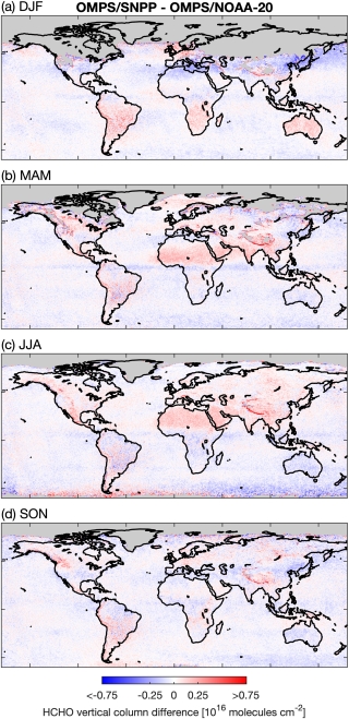 This graphic of OMPS data from Suomi NPP and NOAA-20 shows the difference among seasonal mean concentrations of formaldehyde in vertical columns of the atmosphere in 2019. Red areas indicate the highest concentrations, while blue indicate the lowest. 