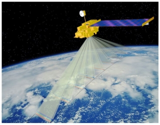 An artist's illustration of the NASA Terra satellite in space above Earth with beams of light from the MISR instrument going down into the atmosphere.