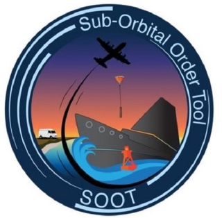This circular logo for the ASDC's Sub-Orbital Order Tool (SOOT) features drawings of a ship moving through the sea, along with a buoy, a balloon carrying a sonde, and van along the shore. 