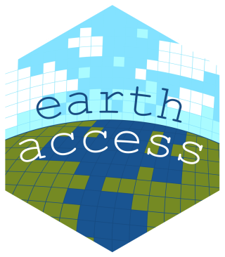 Six-sided shape with stacked words Earth Access arcing across center; top is shaded light blue; bottom of image is stylized blue/green image of earth