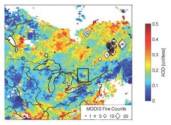 Data image of aerosol particles over the forests of Ontario and Quebec, Canada.