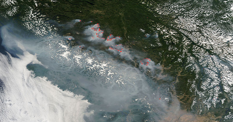 Image from MODIS/Aqua of fires in British Columbia, Canada on 5 Aug 2017