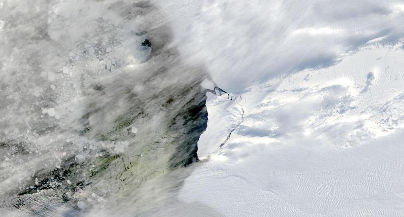 Brunt Ice Shelf Calves on 1 March 2021 (Terra/MODIS)