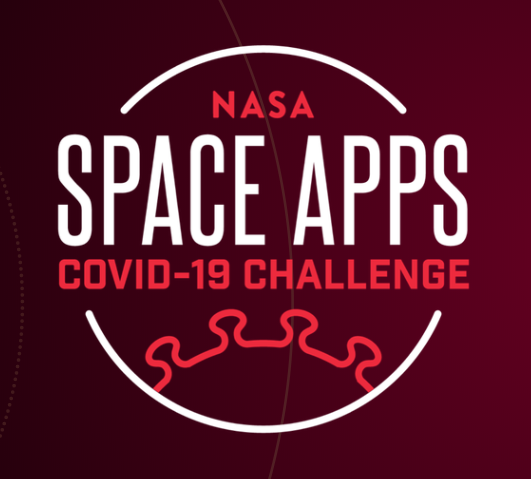 Dark square with the words "NASA Space Apps COVID-19 Challenge" in the center; a semi-circular stylized representation of the bumpy COVID-19 virus is at the bottom.