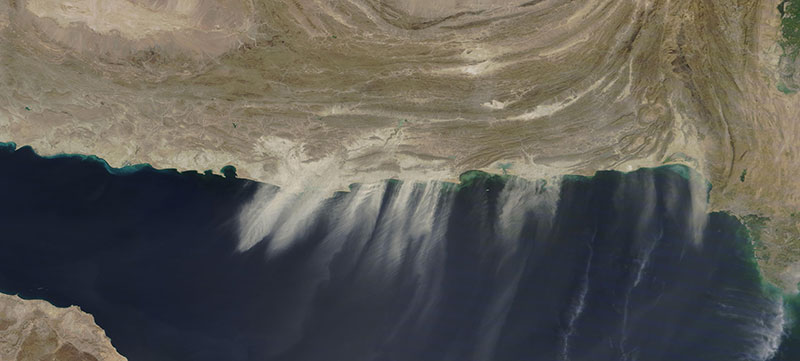 Dust blowing off the coast of Pakistan and Iran on 12 October 2020 (MODIS/Terra)
