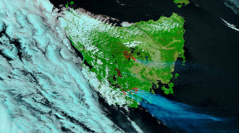 Fires in Tasmania on 28 January 2019 (Suomi-NPP/VIIRS)