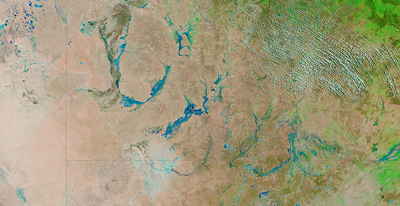 Floodwaters in south west Queensland, Australia due to rains from ex-tropical Cyclone Esther on 7 March 2020 (MODIS/Terra)