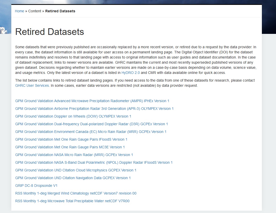 GHRC Retired Datasets webpage image