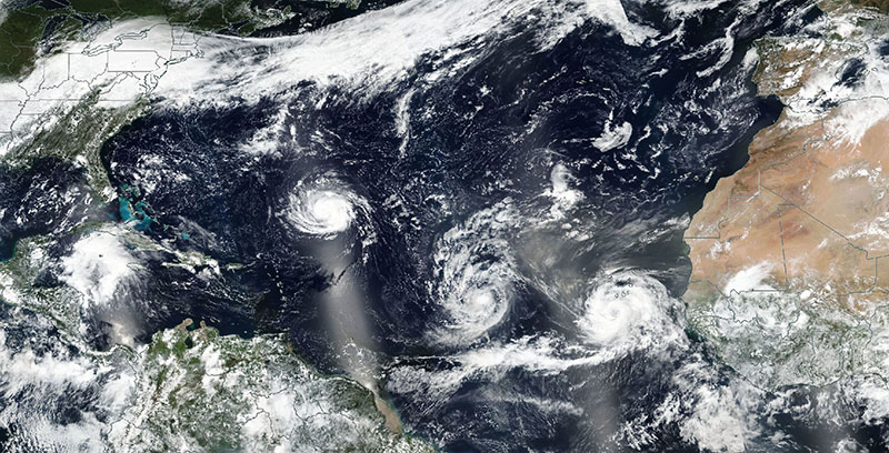 Hurricane Florence, Tropical Storm Isaac and Hurricane Helene in the Atlantic Ocean on 9 September 2018 (Suomi-NPP/VIIRS)