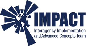 Blue logo with Earth on left with rays coming out of it and the words IMPACT Interagency Implementation and Advanced Concepts Team on the right.