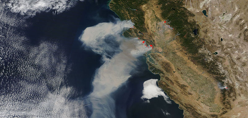 Fires in Northern California on 9 October 2017 (MODIS/Terra)