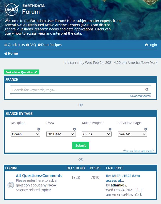 Screen capture of the Earthdata Forum showing the OB.DAAC selected in the pull-down menus.