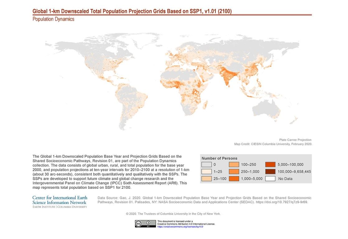 This graphic offers a visual representation of global population projection based on the first of five shared socioeconomic pathway scenarios