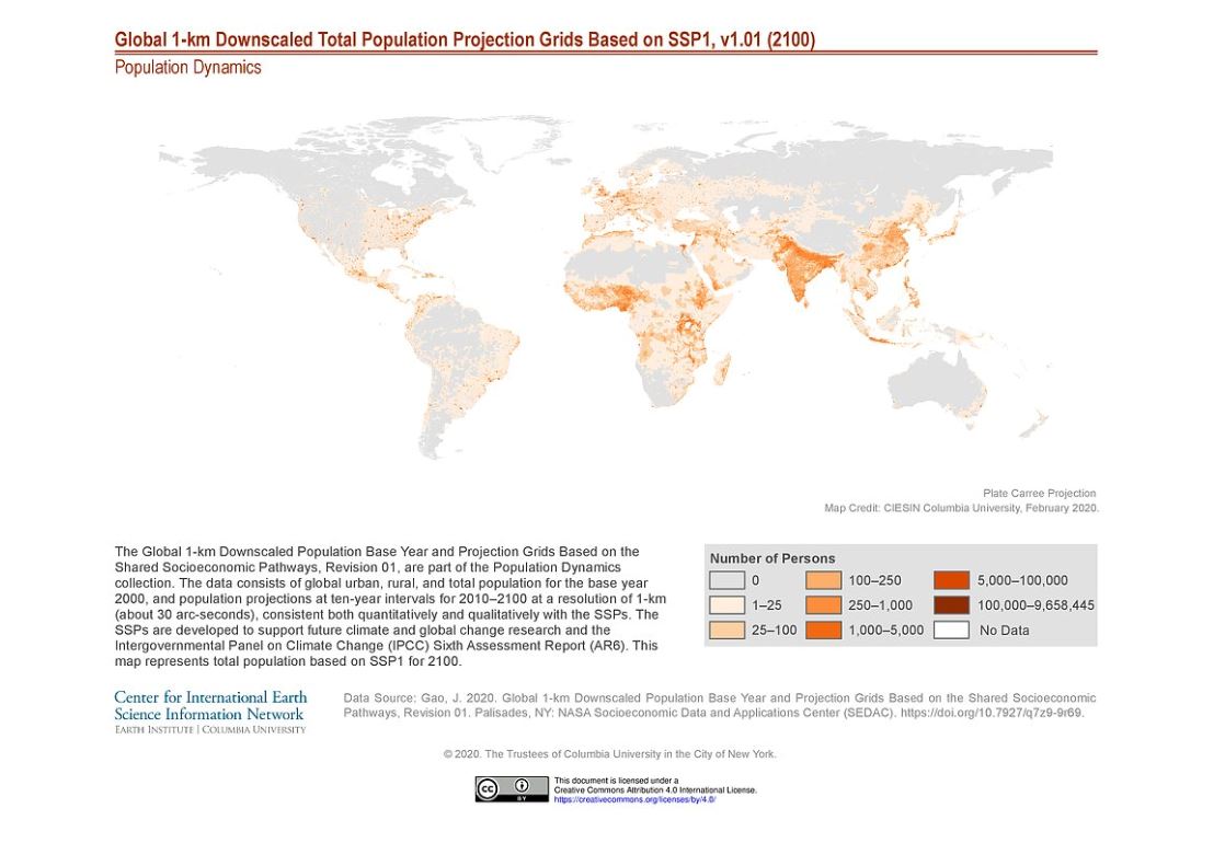 This graphic offers a visual representation of global population projection based on the first of five shared socioeconomic pathway scenarios