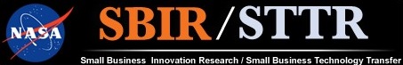 Logo for NASA's SBIR/STTR Programs. Logo has NASA logo on left with orange letters spelling out SBIR, a slash, then gray letters spelling out STTR.