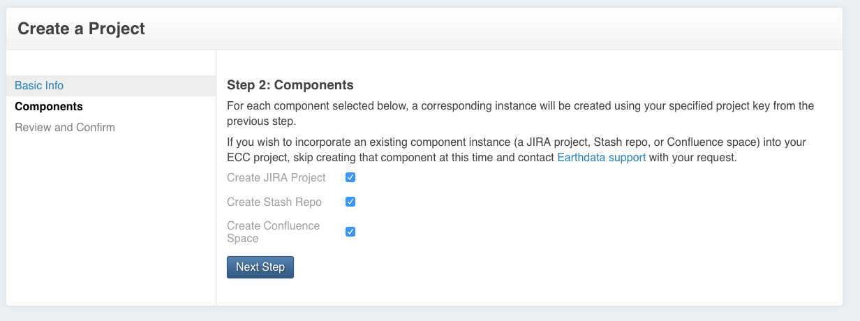 Selecting project components on the Earthdata Code Collaborative (ECC) project creation form.