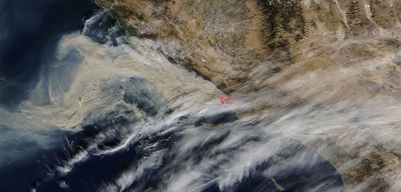 Fires in southern California on 10 December 2017 (MODIS/Terra)