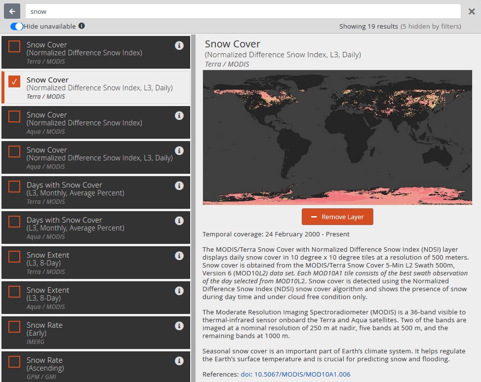 Screenshot showing list of Worldview layers on left side with the second layer selected. To the right is a panel with a preview of the layer showing the title of the layer at the top. Below this from top to bottom is a thumbnail of the layer image, a small orange box with