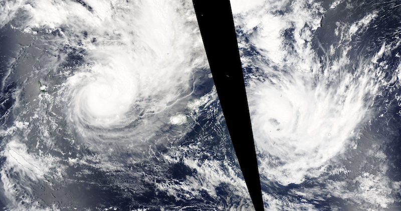 Tropical Cyclones Yasa and Zazu on 13 and 14 December (MODIS/Aqua)