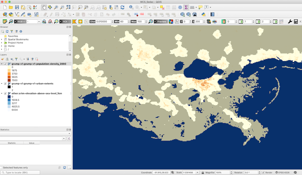 SEDAC population density mapped with urban extent and elevation within QGIS