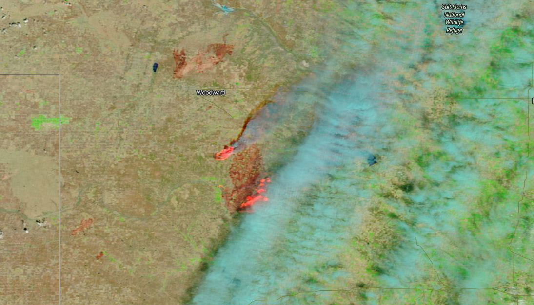 Wildfires in western Oklahoma on 13 April 2018 (MODIS/Terra)