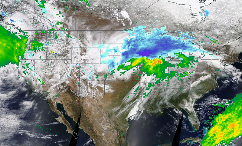 Spring time storm moves across the central US on 15 April 2019 (Terra/MODIS and IMERG Rain and Snow rates)