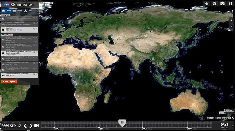 NASA Worldview displaying the Annual Global WELD True Color composite for 2009