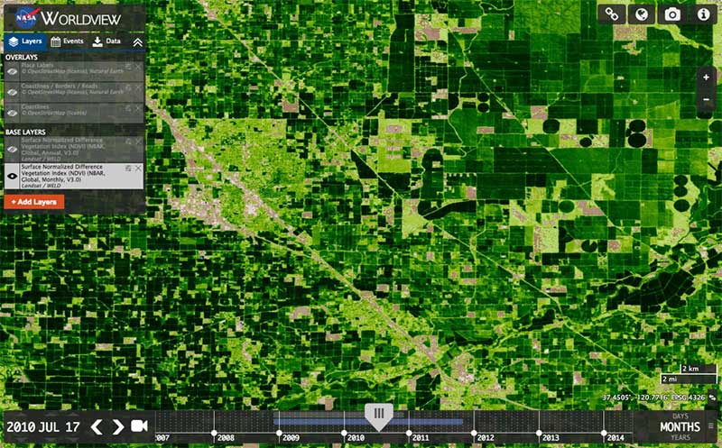 NASA Worldview displaying the Monthly Global WELD Normalized Difference Vegetation Index (NDVI) composite for July 2010