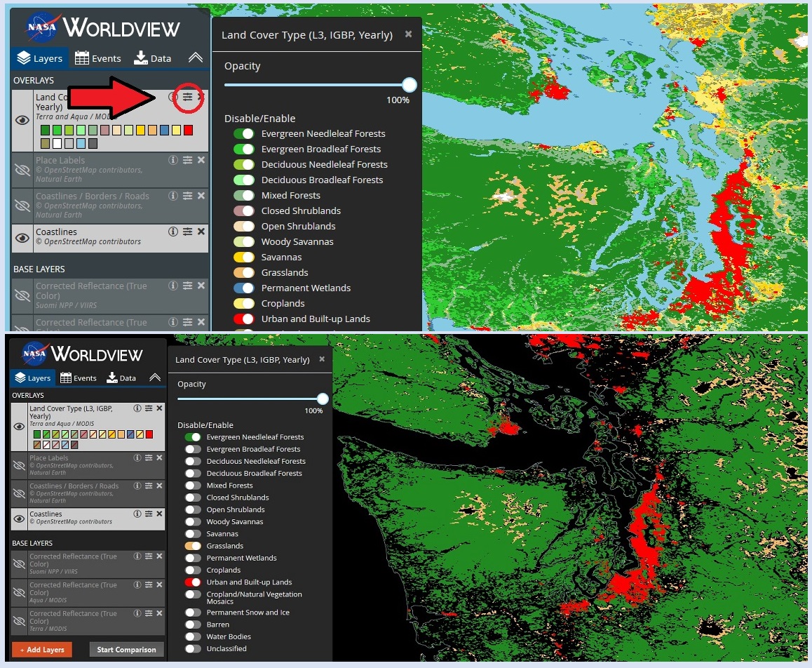 Two images arranged vertically. Top image shows Land Classification layer with a red arrow pointing to the layer options icon in the layer box; to the right is a drop-down menu showing all land type classification layers with toggles to turn layers on or off. All layers are on and the resulting image displays a map with all classification colors. Bottom image shows same map with only Evergreen Needleleaf Forests, Grasslands, and Urban and Built-up areas selected with the resulting three-color classifications displayed to the right.
