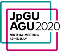 Letters "JpGU" over words "AGU Joint Meeting 2020" which are both above the words "virtual meeting 12-16 July, all surrounded by two interlocking squares, one teal, one purple.