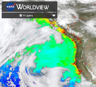 This screen capture from NASA Worldview shows PACE Level 2 Chlorophyll a data. 